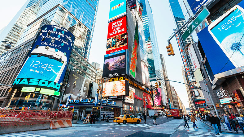 Buildings with bright coloured advertisements in New York's Times Square 