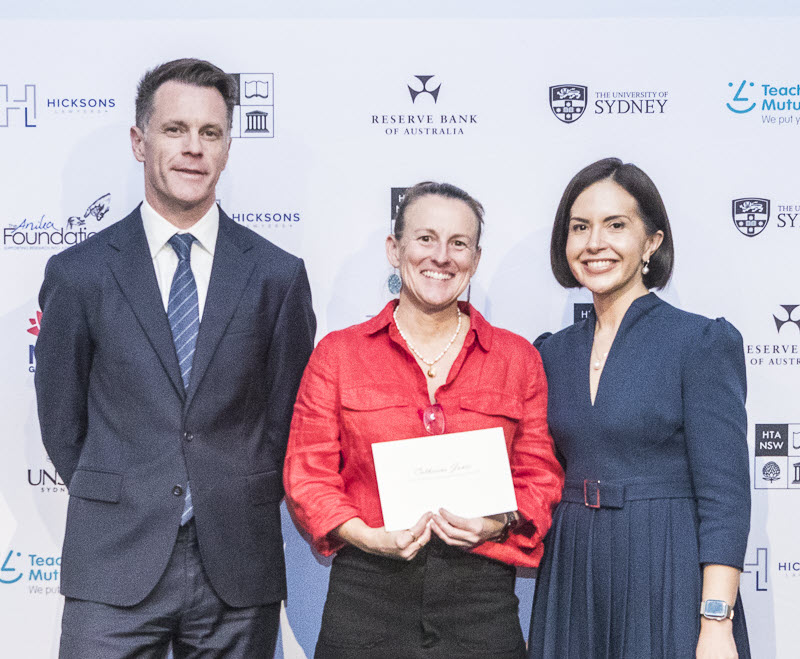 The Hon. Chris Minns MP, NSW Premier, Catherine Jones, Goodstart Early Learning Kurri Kurri and 2025 Scholarship recipient, and The Hon. Prue Car, Deputy Premier.