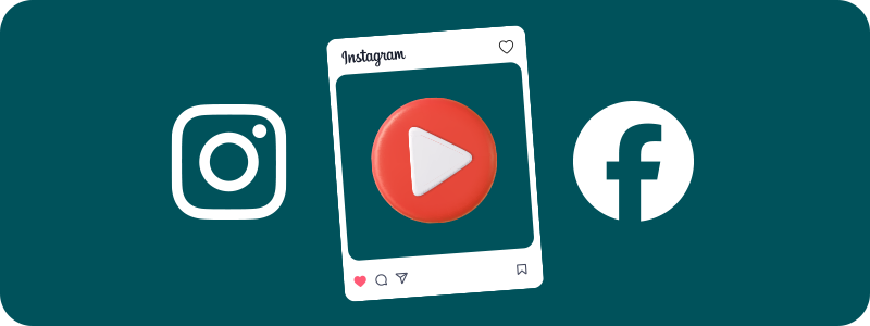 The Instagram and Facebook logos either side of a Instagram video post. Step 1 is to upload a video.